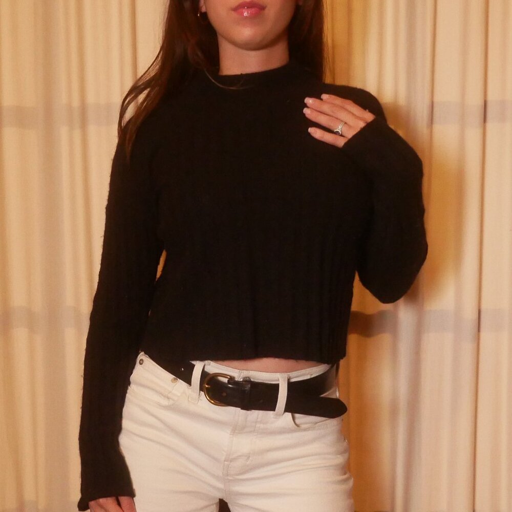 Black Ribbed Mock Neck Crop Sweater